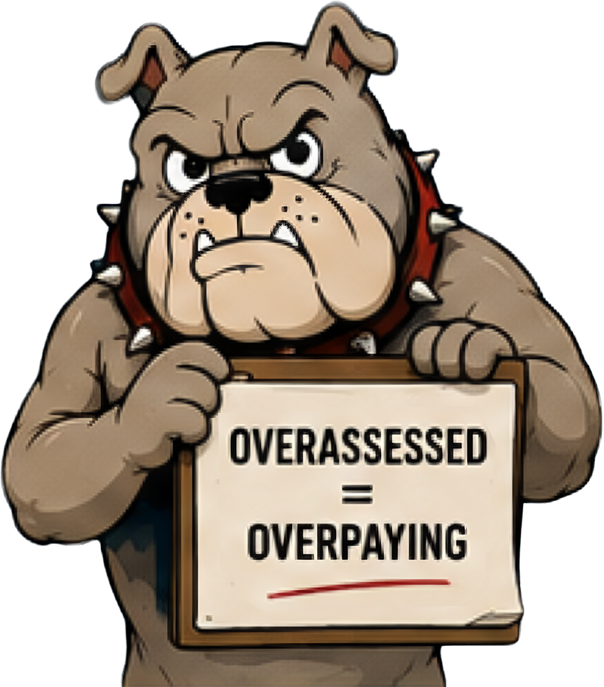 Property Tax Watchdog with sign reading Overassessed = Overpaying